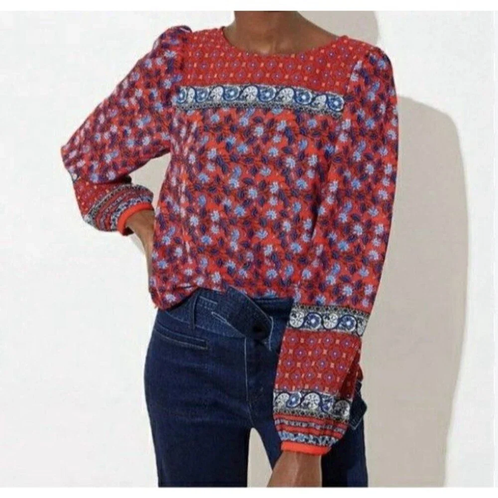LOFT Plus Red Blue Floral Print Career Blouse Red Women Size XL Long Sleeve